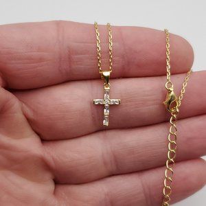 18 Inch Gold Plated 925 Sterling Silver Religious Tiny Cross CZ Necklace